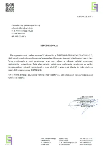 List referencyjny dla GIGASOUND