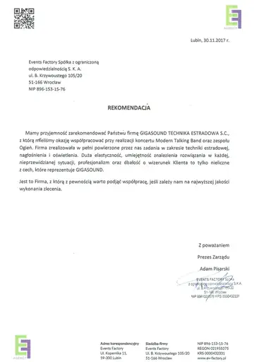 List referencyjny dla GIGASOUND
