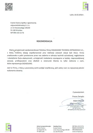 List referencyjny dla GIGASOUND