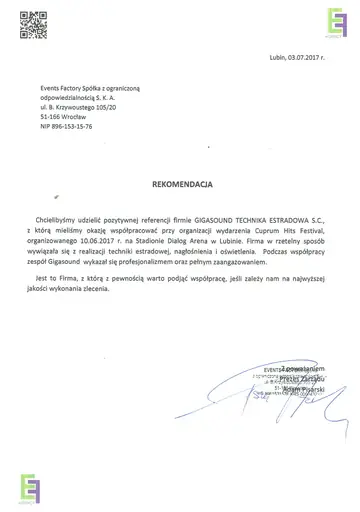 List referencyjny dla GIGASOUND