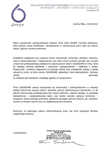 List referencyjny dla GIGASOUND